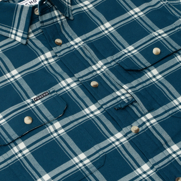 detail photo of blue and white plaid flannel