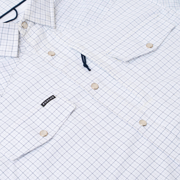 detail photo of double blue check shirt