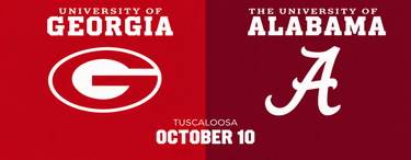 University of Georgia and University of Alabama logos with Tuscaloosa October 10 text on red panels
