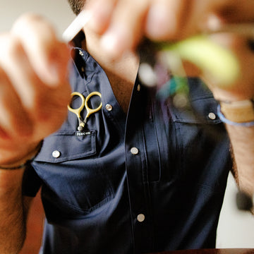 closeup of blue short sleeve shirt