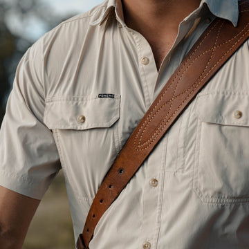 closeup of tan short sleeve shirt