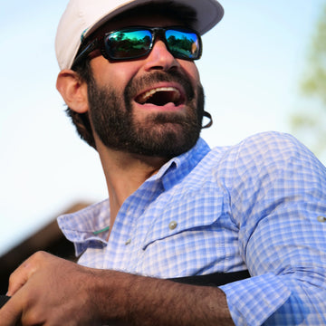 blue plaid shirt man in sunglasses