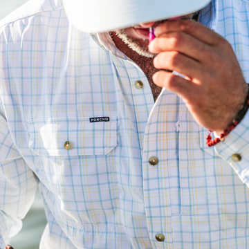 White and Blue button down fishing shirt long sleeve.