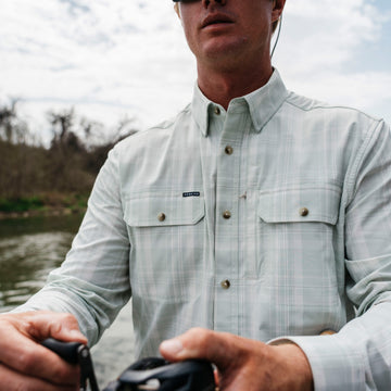 Man fishing in long sleeve plaid fishing shirt