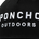 Close-up of black fabric with white embroidered text reading Poncho Outdoors