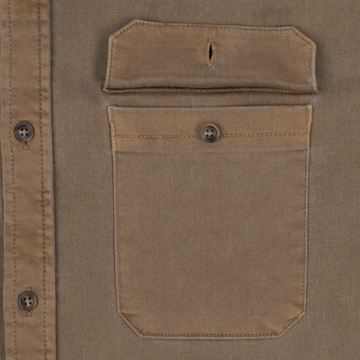 Close-up of The Monteagle shirt pocket with button and flap detail in brown fabric