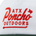 Close-up of a white fabric patch with orange embroidered text "ATX Poncho Outdoors" and a small Texas state outline above a horizontal arrow.