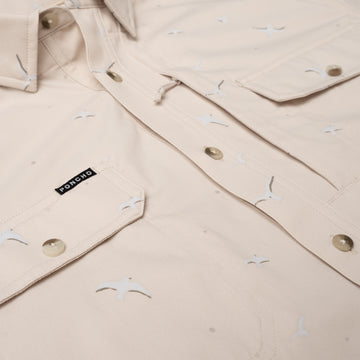 close up photo of seagull print shirt with chest pockets