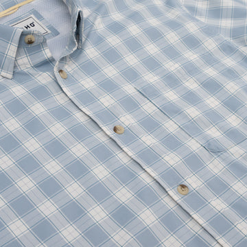 Close up photo of blue plaid chest pocket