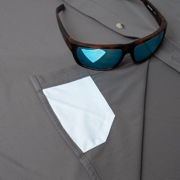 Sunglasses on button down fishing shirt hidden fabric cleaner