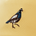 Embroidered design of a small bird with blue, brown, black, and white stitching on a yellow fabric background.