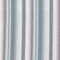 Close-up of fabric with vertical stripes in muted colors including red, gray, and blue on a light background.
