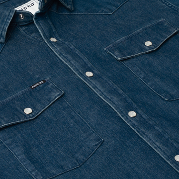 detail photo of dark blue denim shirt
