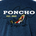 Illustration of a fish hooked on a fishing line with the text Poncho Est. 2018 on a navy blue fabric background.