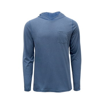 The Spartina long-sleeve hooded shirt in blue with a chest pocket, perfect for outdoors wear.