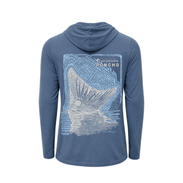 Back view of a blue long-sleeve shirt with a fish tail graphic and Waterkeeper Poncho branding, The Spartina.
