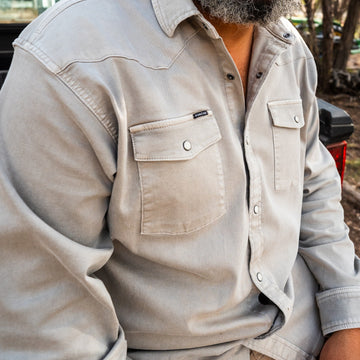 closeup of man wearing the stockton gray denim shirt