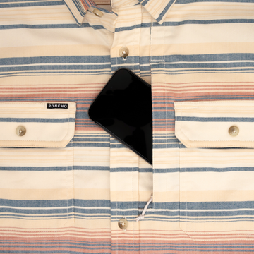 The Pack Mule Serape Stripes outdoor shirt with striped fabric, snap front, and two chest pockets