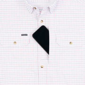 Phone in chest zipper pocket of shirt