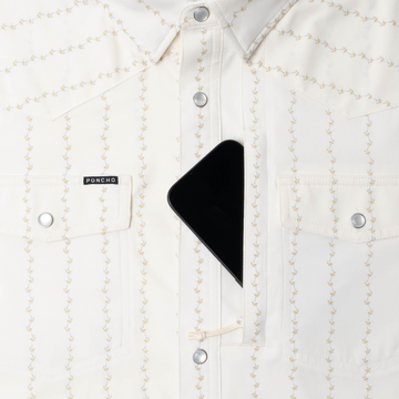 phone in chest zipper pocket of shirt