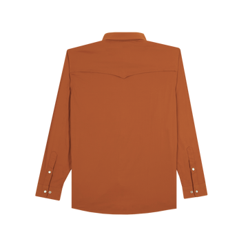 Back view of The 2005 rust-colored long sleeve shirt with buttoned cuffs and a straight hemline