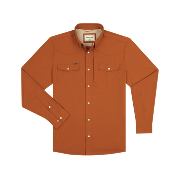 The 2005 long-sleeve outdoor shirt in burnt orange with buttoned chest pockets and collar detailing