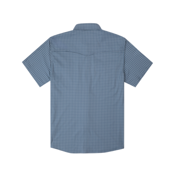 back of slate blue check short sleeve shirt