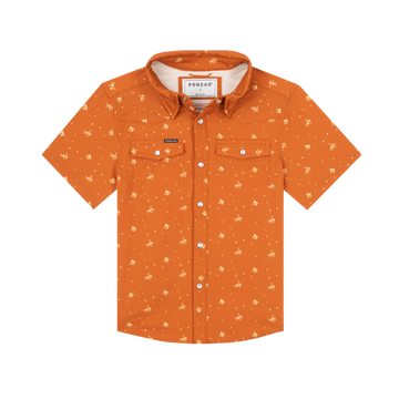 Orange short-sleeve shirt with subtle white pattern and buttoned pockets, named The 5th Year.