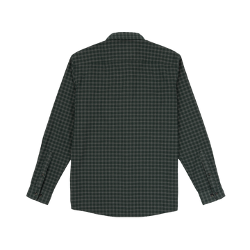 The Acadia shirt shown from the back in a dark green and black checkered pattern, designed for outdoors.