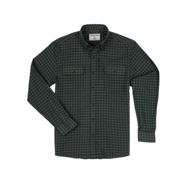 Dark green checkered long-sleeve shirt with button-up front and two chest pockets, The Acadia design.