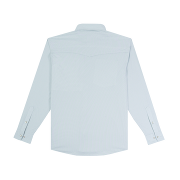 The Alpine light blue long sleeve shirt with button cuffs shown from the back
