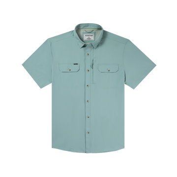 Front button down of solid blue fishing shirt