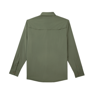 product photo back of olive green long sleeve shirt