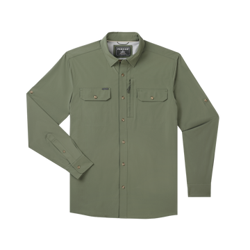 product photo front of olive green long sleeve shirt