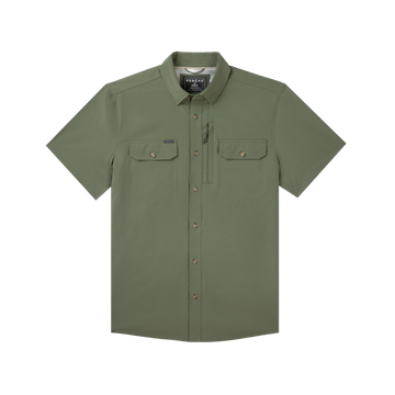 product photo front of olive green short sleeve shirt