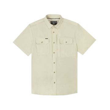 front of tan short sleeve shirt