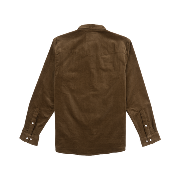 The Barnhart shirt in rich brown fabric displayed from the back with long sleeves and buttoned cuffs.