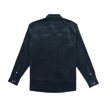The Barton Springs shirt shown from the back in a dark, textured fabric with buttoned cuffs and collar.