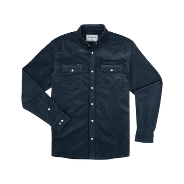 The Barton Springs long-sleeve shirt in dark fabric with button closures and two chest pockets
