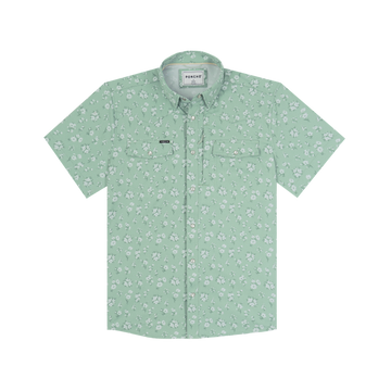 The Bat Masterson short-sleeve shirt in light green with a subtle white floral pattern and button-up front.