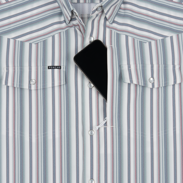 phone in chest zipper pocket of shirt