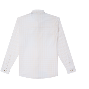The Biloxi white plaid long sleeve shirt shown from the back