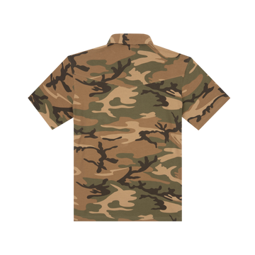 The Bird Bag camouflage collared shirt with short sleeves and a woodland pattern