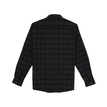 The Black Canyon black and dark gray plaid shirts laid flat showing back side with buttoned cuffs and collar