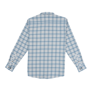 The Blue Bison light blue plaid shirt with long sleeves and buttoned cuffs shown from the back