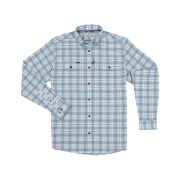 The Blue Bison light blue plaid button-up shirt with long sleeves and chest pockets designed for an outdoors look