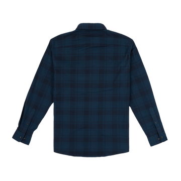 The Blue Goose dark blue plaid shirt displayed from the back with long sleeves and buttoned cuffs