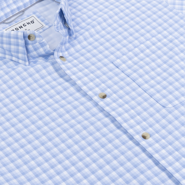 The Blue Runner blue gingham button-up shirt with a pointed collar and wooden buttons