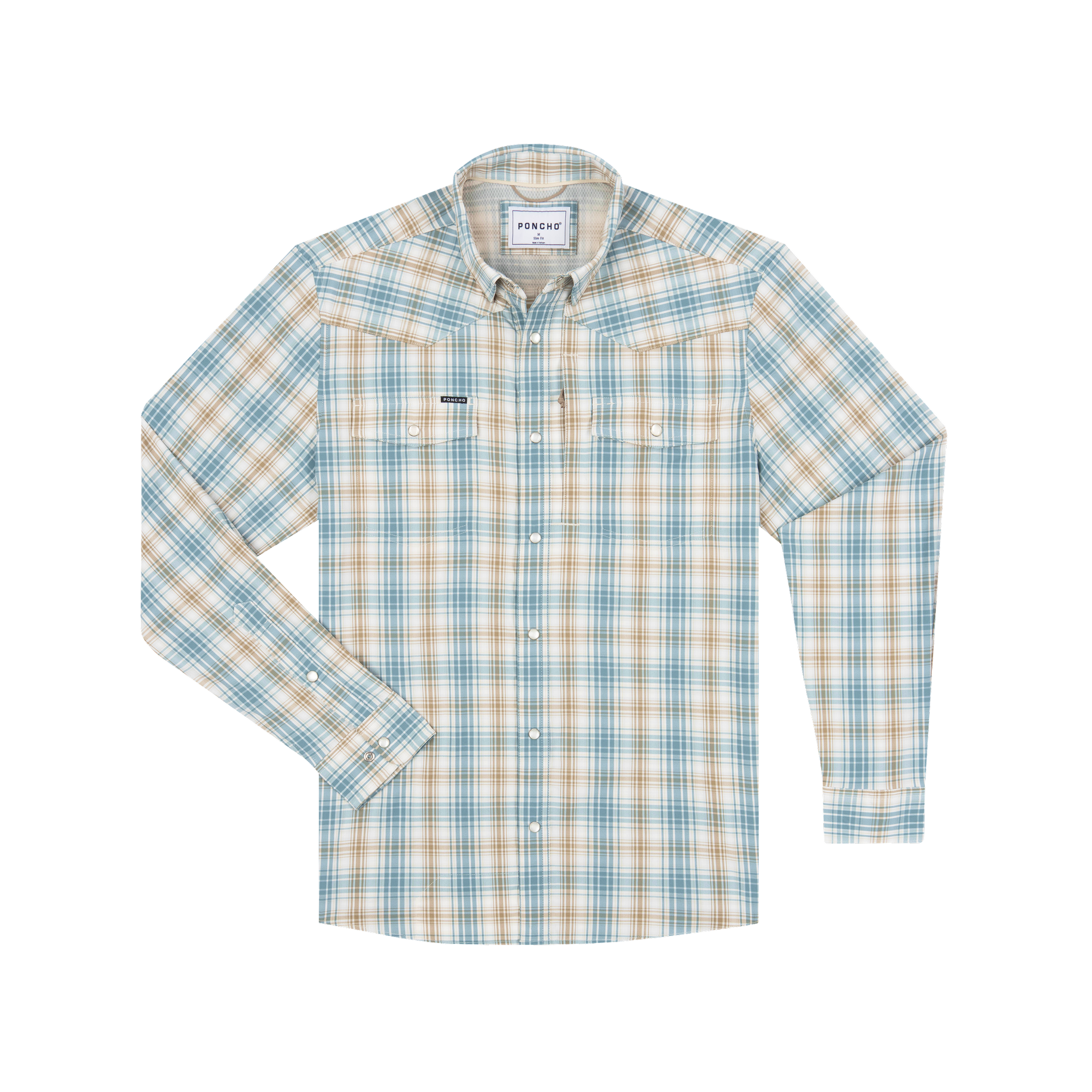 Poncho Men's Western Pearl Snap Shirt | Brown and Green Plaid | Long Sleeve L Regular