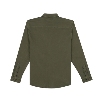 The Buck Snort olive green long-sleeve shirt designed for outdoor wear with buttoned cuffs and a classic collar